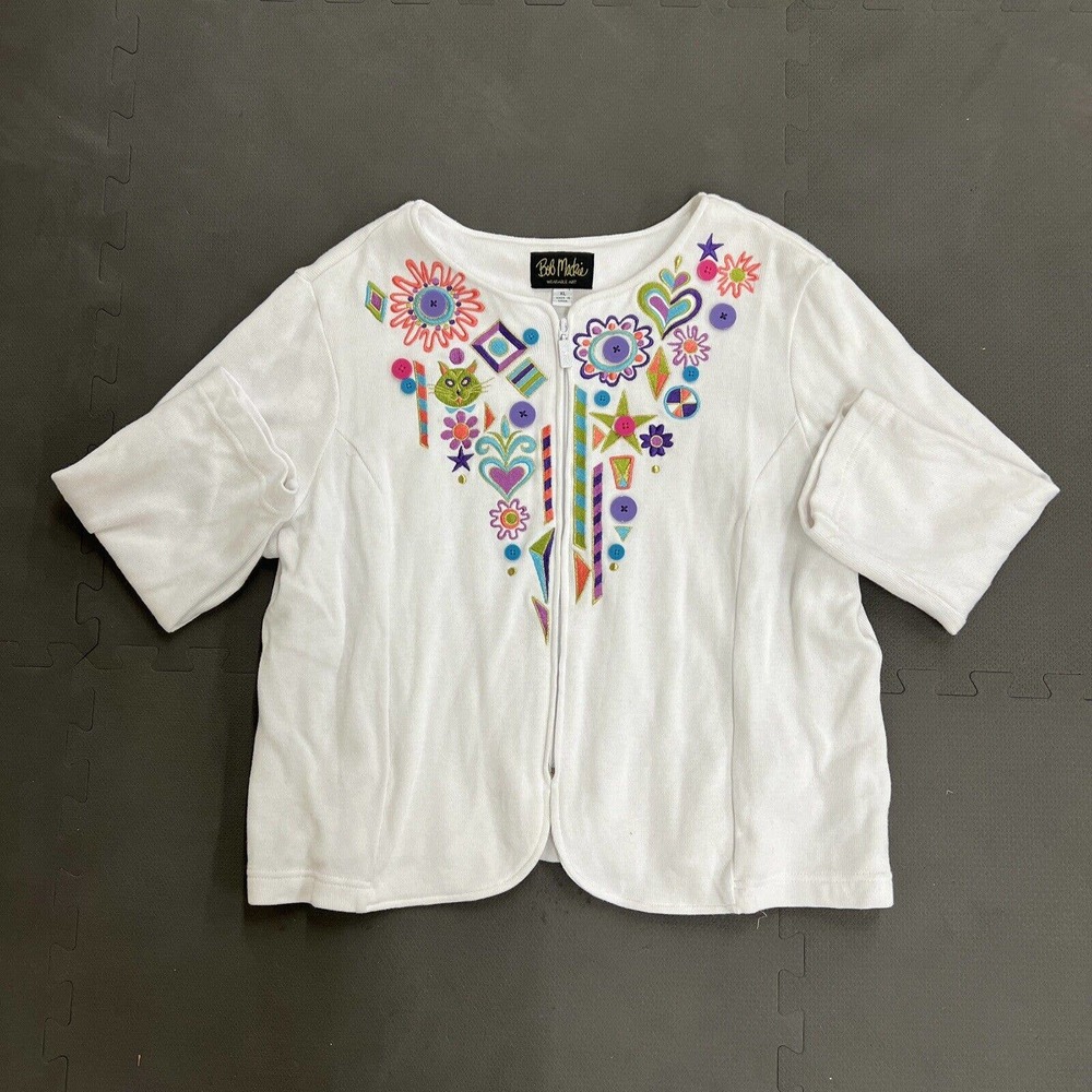 Bob Mackie Wearable Art MCM Themed Zip Up Sweater 100% Cotton XL White FS Chrty - Picture 6 of 11